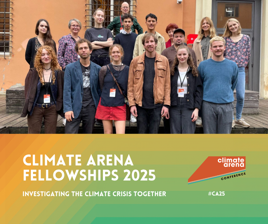 A group of early to mid career journalists posing for a photo on the steps of a small building. They are the Climate Arena Fellows from 2024. The bottom third of the image is overlaid with Climate Arena branding, and a title: 'Climate Arena Fellowships 2025'.