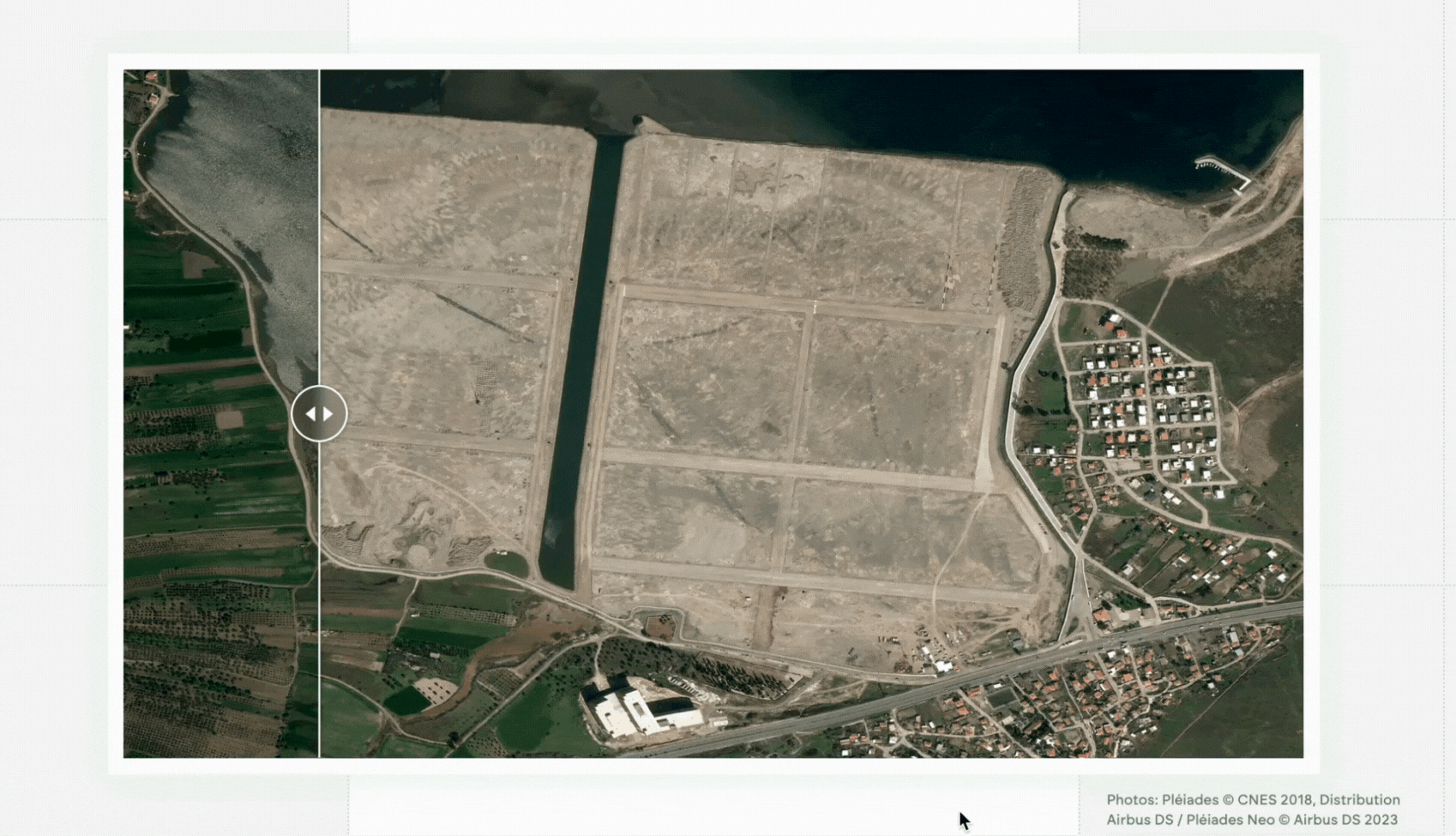 A screen recording of an image, being toggled between before and after pictures of a wetland in Turkey. The before and after show it was filled with concrete (to create a luxury yacht repair facility).