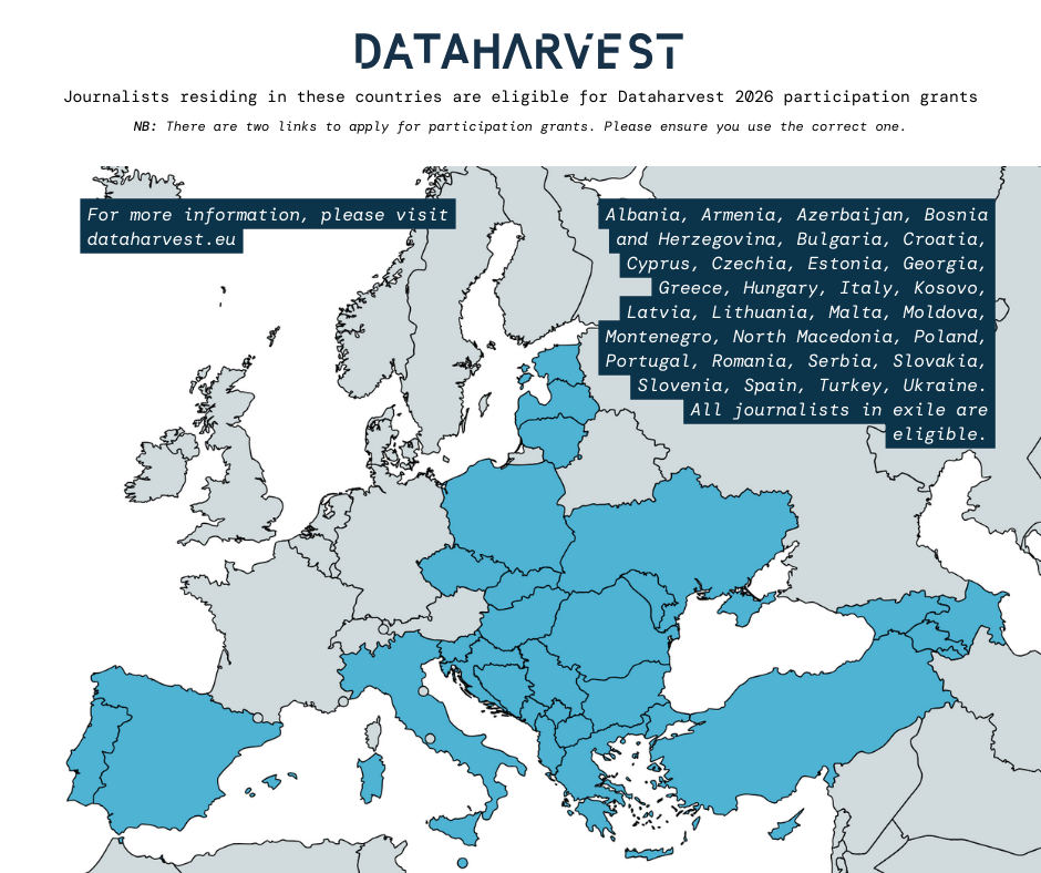 A map of Europe with numerous countries highlighted in blue, demonstrating which are eligible for Dataharvest's participation grants. Text within the image designates the list of countries also.