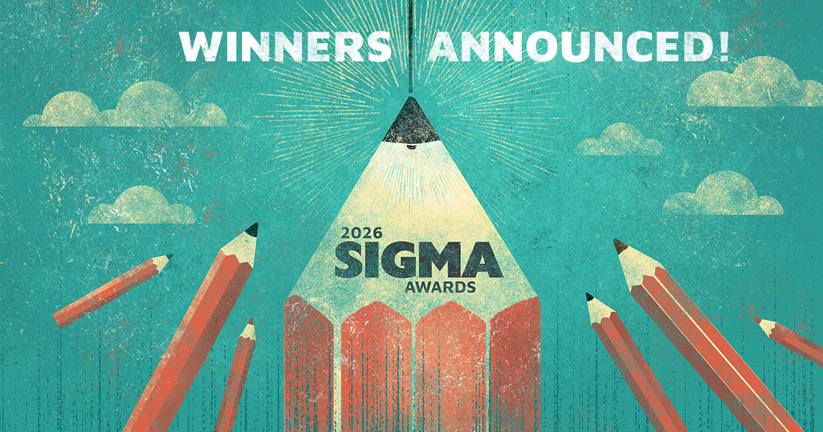 The Sigma Award logo, an illustration of several pencils pointing at a cloudy sky scene, with the text "winners announced" overlaid.
